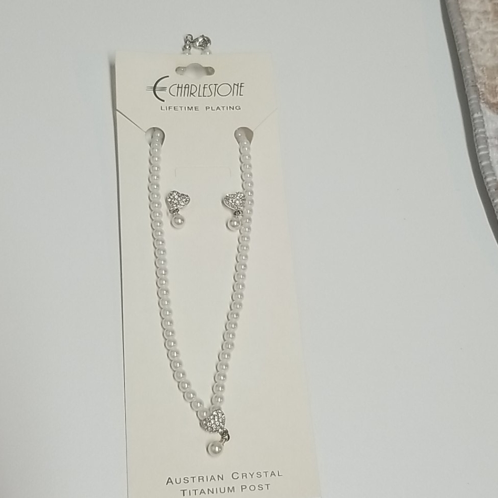 Pearl and crystal necklace and earring set